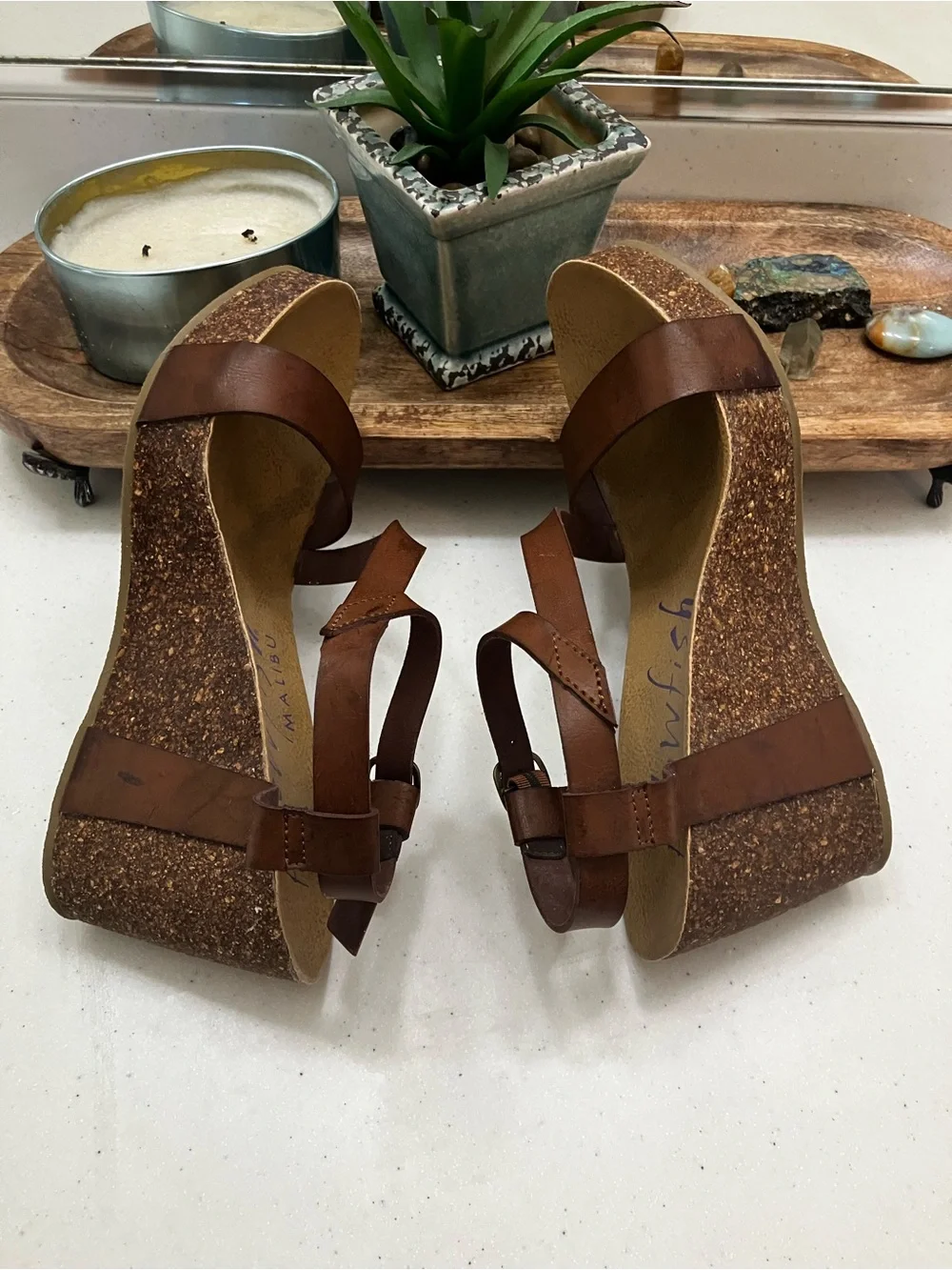 Blowfish Malibu Brown Platform Wedge Sandals Size 8 Boho Ankle Strap Cork Look - Picture 11 of 12